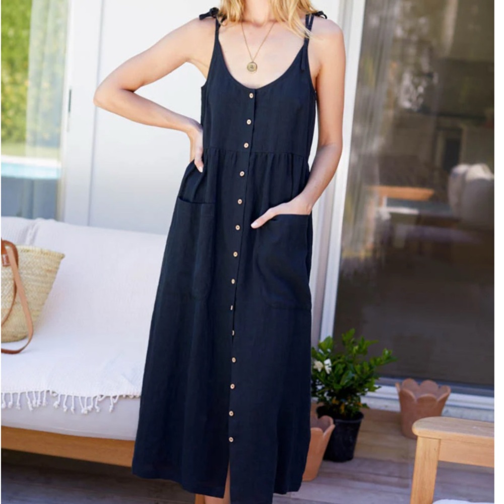 EMERSON FRY LIVIA BUTTON DRESS - BLACK LINEN (L)
